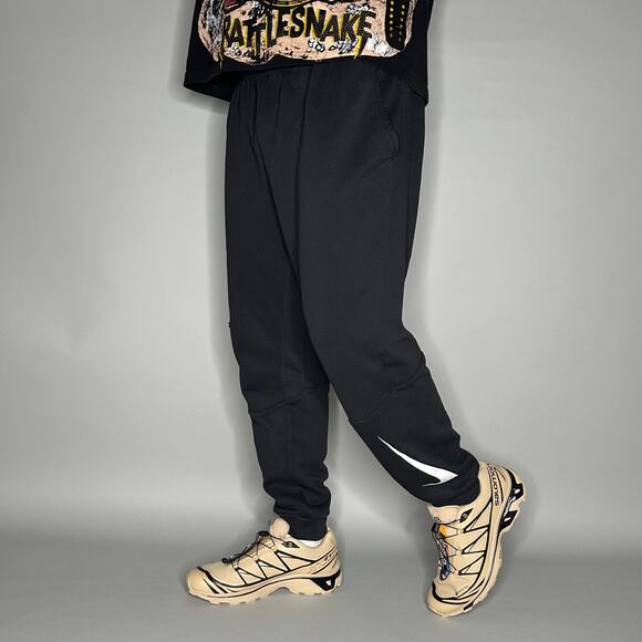 Nike Sweatpants Black Cotton Joggers White Ankle SwooshDri Fit - Picture 1 of 5